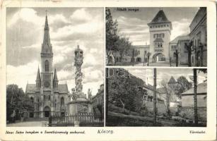 1939 Kőszeg, Jézus Szíve templom, Szentháromság szobor, Hősök tornya, vár részlet. Hangya Szövetkezet kiadása (gyűrődés / crease)