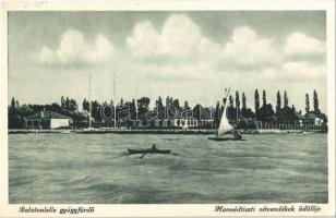 1934 Balatonlelle, Honvédtiszti növendékek üdülője, evezős csónak, vitorlás. Regényi foto-laboratórium