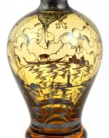 Régi fújt, anyagában színezett, ezüst mázas, festett díszítésű kiöntő, Velencei illusztrációival az ...