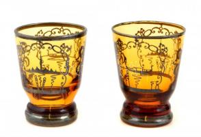 Régi fújt, anyagában színezett, ezüst mázas, festett díszítésű kiöntő, Velencei illusztrációival az ...