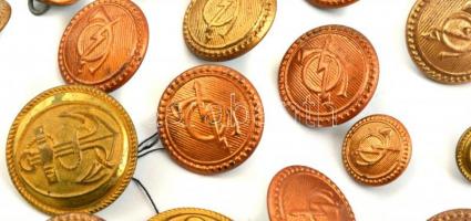 21 db tengerész és postás gomb, közte több jelzett, kopott fém szivarkás dobozban