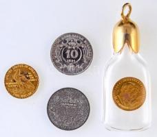 4db magyar és külföldi minipénz, közte 1895. 1K "Ferenc József" ezüstözött fém, Amerikai E...