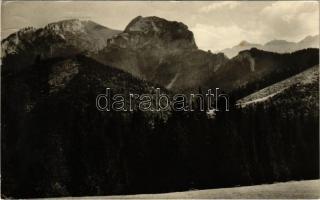 1956 Tátra, Magas-Tátra, Vysoké Tatry; Javorina. Pohlad na Murán 1837 m a Novy 1999 m od Loveckého zámku / mountain peaks, castle