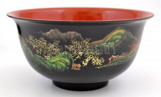 Távol-keleti lakkozott fa tálkák + 1 doboz, d: 12 cm, 13×8×4 cm