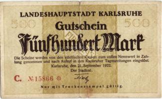 Német Birodalom/Weimari Köztársaság/Karlsruhe 1922.9.21. 500M T:III