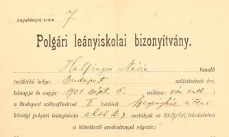 1915 Bp., Polgári leányiskolai bizonyítvány, rajta Kaffka Margit (1880-1918) aláírásával