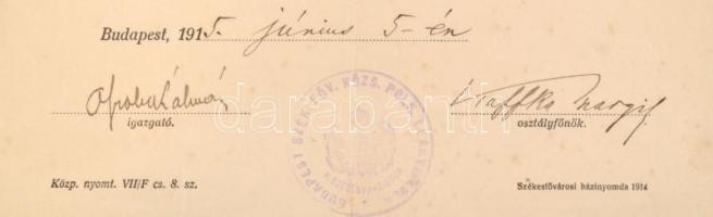 1915 Bp., Polgári leányiskolai bizonyítvány, rajta Kaffka Margit (1880-1918) aláírásával