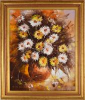 Pintér István Pál (1948-): Virágcsendélet. Olaj, farost, jelzett, díszes fa keretben, hátoldalán Kép...