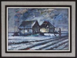 Fodor József (1935-2007): Öreg tanya. Olaj, farost, jelzett, üvegezett fa keretben, hátoldalán a műv...