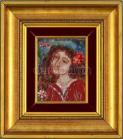 Kővágóné Zsóri Balogh Erzsébet (1955-): Leányka vörösruhában. Tűzzománc, jelzett, hátoldalán felirat...