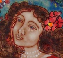 Kővágóné Zsóri Balogh Erzsébet (1955-): Leányka vörösruhában. Tűzzománc, jelzett, hátoldalán felirat...