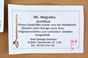 Kővágóné Zsóri Balogh Erzsébet (1955-): Angyalka. Tűzzománc, jelzett, hátoldalán német nyelvű tanúsí...