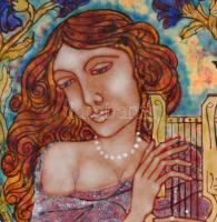 Kővágóné Zsóri Balogh Erzsébet (1955-): Múzsa I. Tűzzománc, jelzett, hátoldalán két német nyelvű tan...