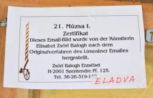 Kővágóné Zsóri Balogh Erzsébet (1955-): Múzsa I. Tűzzománc, jelzett, hátoldalán két német nyelvű tan...