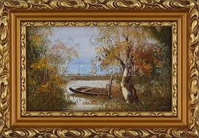 Bocsák Krisztina (1964- ): Kikötve. Olaj, farost, jelzett, díszes fa keretben, hátoldalán címkével, ...