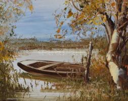 Bocsák Krisztina (1964- ): Kikötve. Olaj, farost, jelzett, díszes fa keretben, hátoldalán címkével, ...