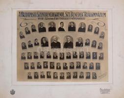 1932 A Budapesti Szent Benedek-rendi Szent Benedek Reálgimnázium érettségiző növendékeinek tablófotója, nevesített portrékkal, kartonra kasírozva, 17×22 cm
