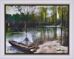 Fodor József (1935-2007): Áradás. Olaj, farost, jelzett, fa keretben, hátoldalán a művész autográf f...