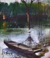 Fodor József (1935-2007): Áradás. Olaj, farost, jelzett, fa keretben, hátoldalán a művész autográf f...