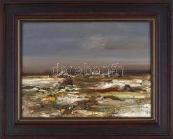 Csikós András (1947-2006): Tél vége. Olaj, farost, jelzett, hátoldalán a művész autográf feliratával...