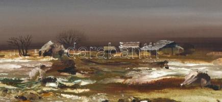 Csikós András (1947-2006): Tél vége. Olaj, farost, jelzett, hátoldalán a művész autográf feliratával...