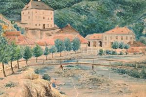 Kányi jelzéssel: Település várral, akvarell, papír, több szakadással, gyűrődéssel, 29×40 cm