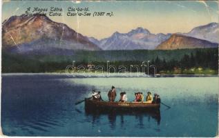 1918 Tátra, Magas-Tátra, Vysoké Tatry; Csorba-tó, "Gizella" evezős csónak, csónakázók / Strbské pleso / lake, rowing boat (gyűrődés / crease)