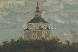 Jelzés nélkül: Tájkép várral, olaj, vászon, kopásokkal, 29×39 cm