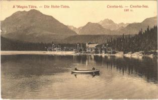 Tátra, Magas-Tátra, Vysoké Tatry; Csorba-tó, evezős csónak, csónakázók. Divald Károly 1439-1907. / Strbské pleso / lake, rowing boat (kis szakadás / small tear)