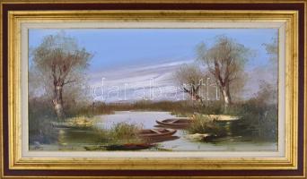 Bocsák Krisztina (1964- ): Hajnali fények. Olaj, farost, jelzett, díszes fa keretben, hátoldalán cím...