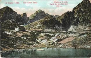 1909 Tátra, Magas-Tátra, Vysoké Tatry; Részlet az Öt-tónál. Divald Károly műintézete 1821-1908. / Partie bei den fünf-Seen / lake, chalet, tourist house (kis szakadás / small tear)