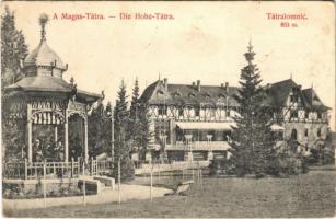 1907 Tátralomnic, Tatranská Lomnica (Magas Tátra, Vysoké Tatry); szálloda, zenepavilon zenekarral. Divald Károly 1460-1907. / hotel, music pavilion with music band (EK)