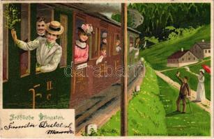1902 Fröhliche Pfingsten / Pentecost greeting art postard, train, locomotive, farewell. ERIKA Nr. 1073. litho s: Mailick