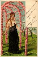 1902 Lady in the garden. 4706. litho s: Mailick + BÉCS - NAGY-KANIZSA 24 SZ vasúti mozgóposta bélyegző