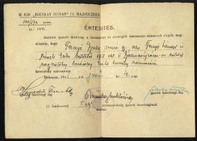 1941 Bocskay huszárezred által kiállított származási igazolvány