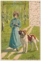 1902 Fröhliche Pfingsten! / Pentecost greeting art postcard, lady with dog in the forest. Serie 5023/7. 4820. litho s: Mailick (EK)