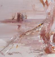 Fejér Csaba (1936-2002): Tiszapart télen. Olaj, farost, jelzett, fa keretben, 40×65 cm / Csaba Fejér...