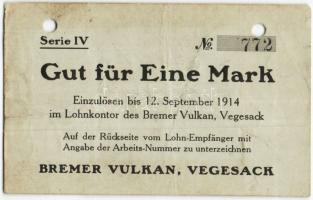 Német Birodalom/Császárság/Vegesack/Bremer Vulkan 1914.9.12. 1M hivatalos érvénytelenítéssel T:II