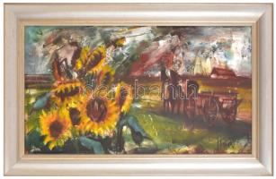 Fodor József (1935-2007): Napraforgók. Olaj, farost, jelzett, üvegezett fa keretben, hátoldalán a mű...