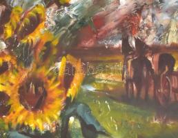 Fodor József (1935-2007): Napraforgók. Olaj, farost, jelzett, üvegezett fa keretben, hátoldalán a mű...