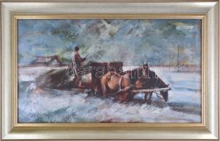 Fodor József (1935-2007): Rakodás. Olaj, farost, jelzett, üvegezett fa keretben, hátoldalán a művész...