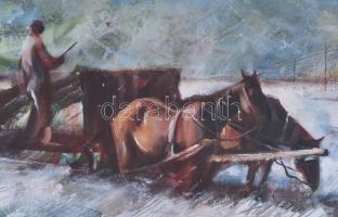 Fodor József (1935-2007): Rakodás. Olaj, farost, jelzett, üvegezett fa keretben, hátoldalán a művész...