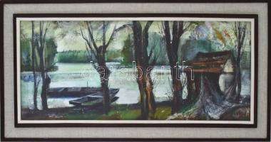 Fodor József (1935-2007): Tiszapart. Olaj, farost, jelzett, üvegezett fa keretben, hátoldalán a művé...