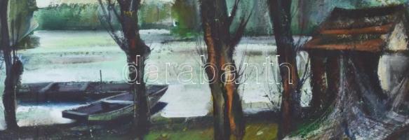 Fodor József (1935-2007): Tiszapart. Olaj, farost, jelzett, üvegezett fa keretben, hátoldalán a művé...