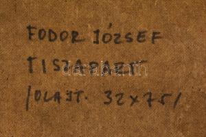 Fodor József (1935-2007): Tiszapart. Olaj, farost, jelzett, üvegezett fa keretben, hátoldalán a művé...