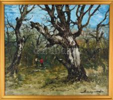 Szegvári Károly (1920-2002): Kirándulók. Olaj, farost, jelzett, fa keretben, 50x60 cm