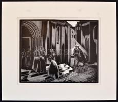 Gáborjáni Szabó Kálmán (1897-1955): Templomba menet, fametszet, papír, jelzett a dúcon, paszpartuban...