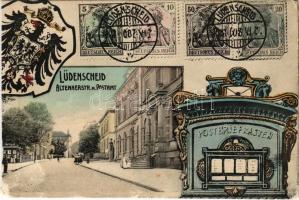 Lüdenscheid, Altenaerstrasse mit Postamt. Postbriefkasten / street with post office. Art Nouveau, stamps, coat of arms, mailbox (cut)