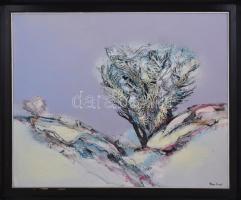 Paróczi Ágnes (1937-): Téli délután. Olaj, textilrelief, farost, jelzett, hátoldalán 2 címkével, fa ...