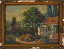 P. Horváth B jelzéssel: Virágzó udvar. Olaj, karton, sérült fa keretben, 23,5×33,5 cm